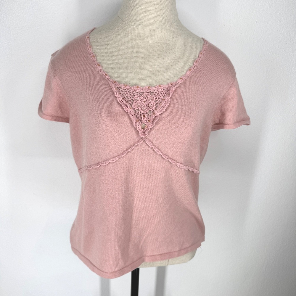 Vintage Babydoll Crochet Lace Beaded Knit Top Large Fairy Y2K Ballet Feminine